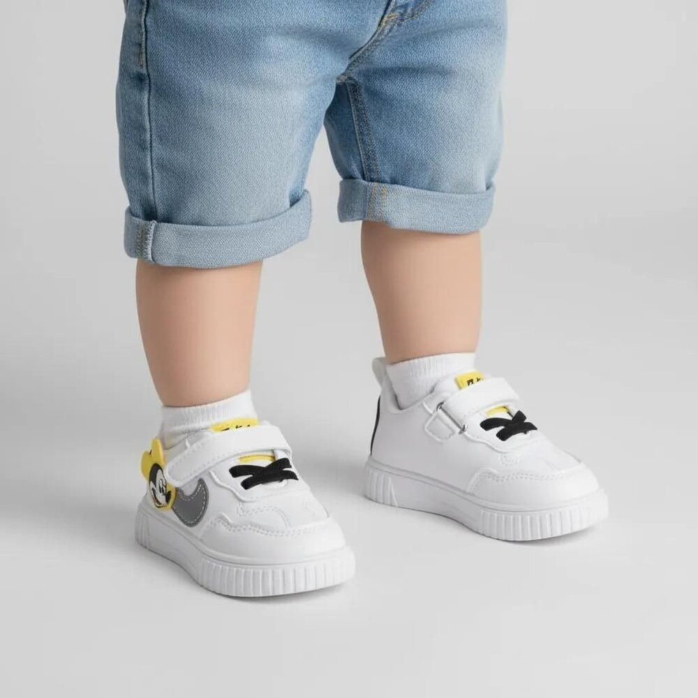 Fashion Unisex Kids White Gray Yellow Mickey Mouse Applique Sneakers Size 21